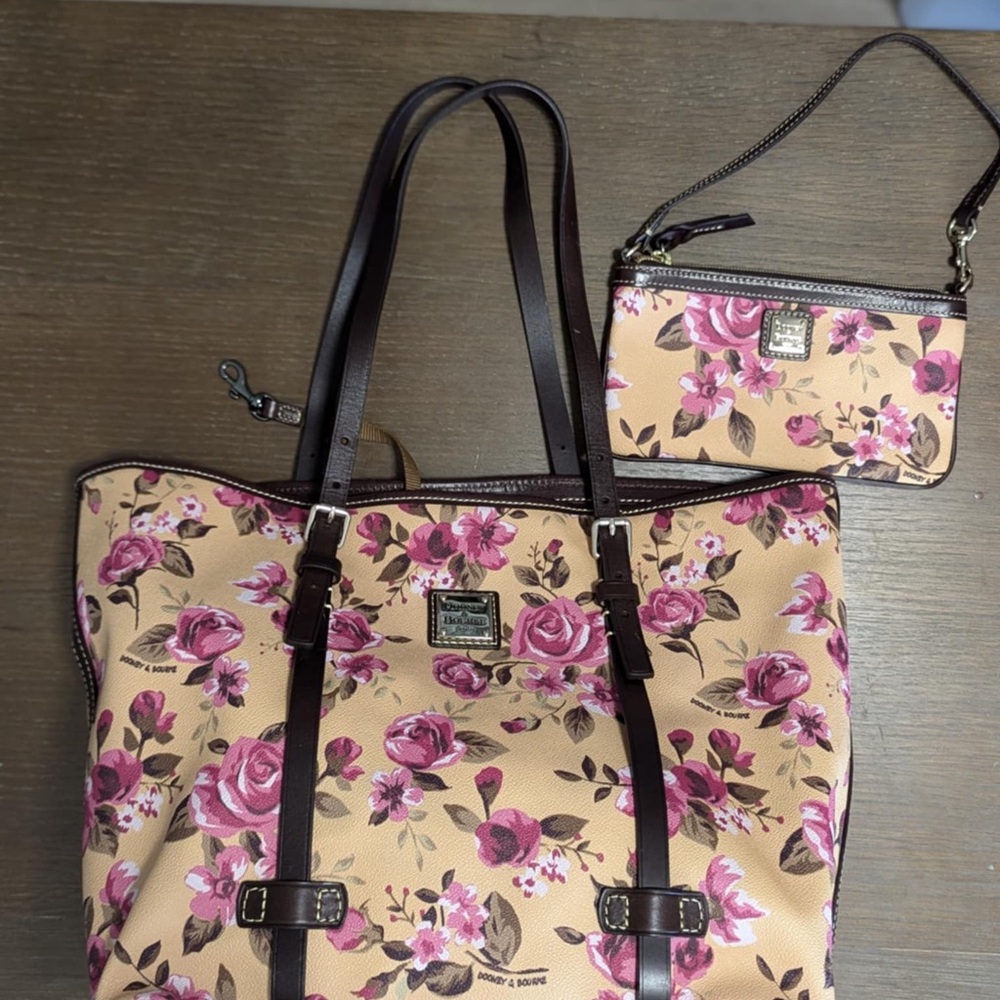 Dooney & Bourke Pink and Brown Floral Totes with Leather Accents
